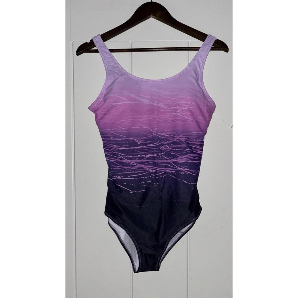 Women Purple Gradient Criss Cross Back Swimsuit One Piece Pink Purple Size M